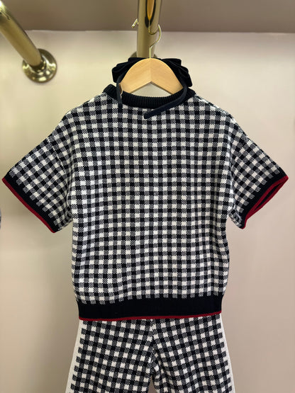 Conjunto Infantil Blusa e Calça Jogging Tricot Xadrez Laço Strass - Pituchinhus