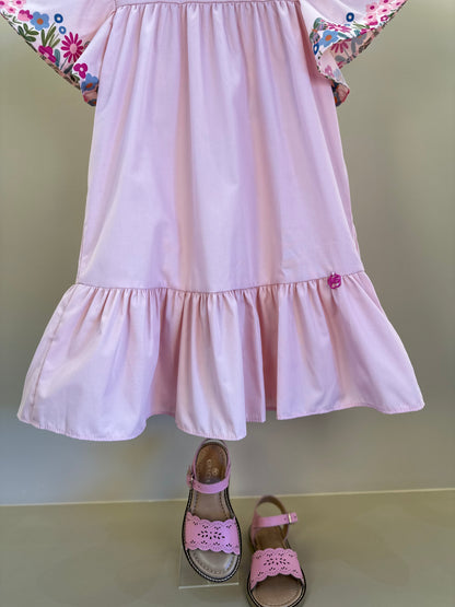 Vestido Infantil Trapézio Flores e Babado Rosa - Mon Sucré