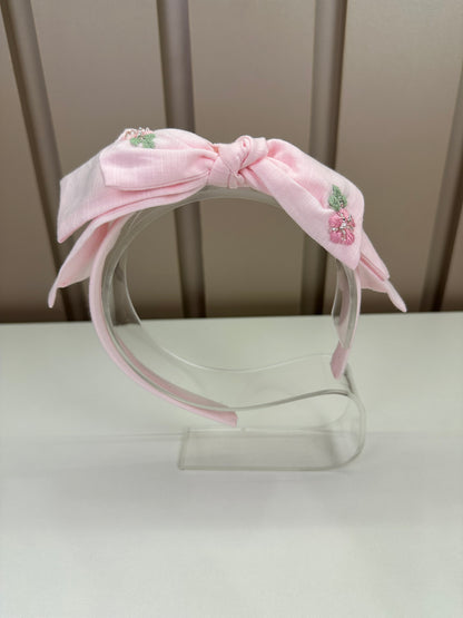 Tiara Infantil Mariana Rosa Tecido Algodão Laço Duplo Flores Bordadas - Roana