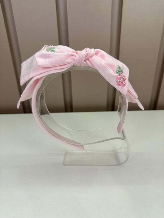 Tiara Infantil Mariana Rosa Tecido Algodão Laço Duplo Flores Bordadas - Roana
