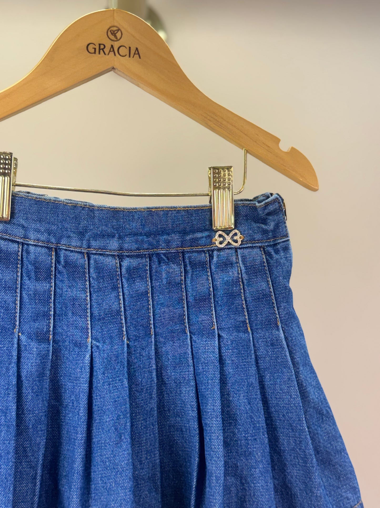 Saia-shorts Infantil Jeans Pochete Laço Pérolas - Luluzinha