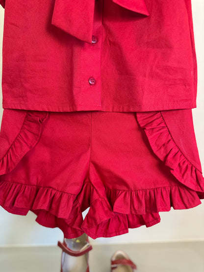 Conjunto Infantil Camisa e Shorts Clássico Algodão Babados Vermelho - Um Mais Um