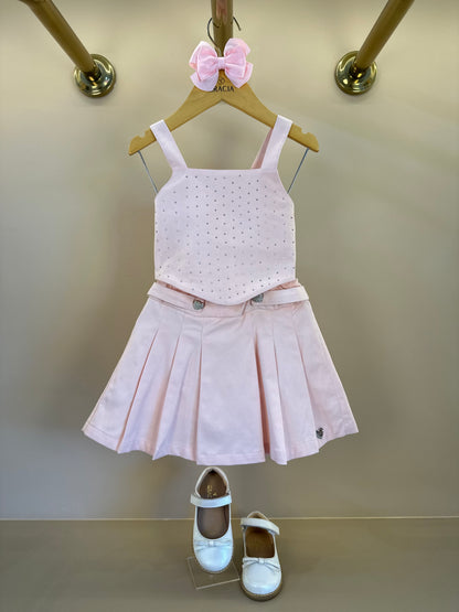 Conjunto Infantil Blusa Pétala Cristais e Saia Pregas Rosa - Gabriela Aquarela