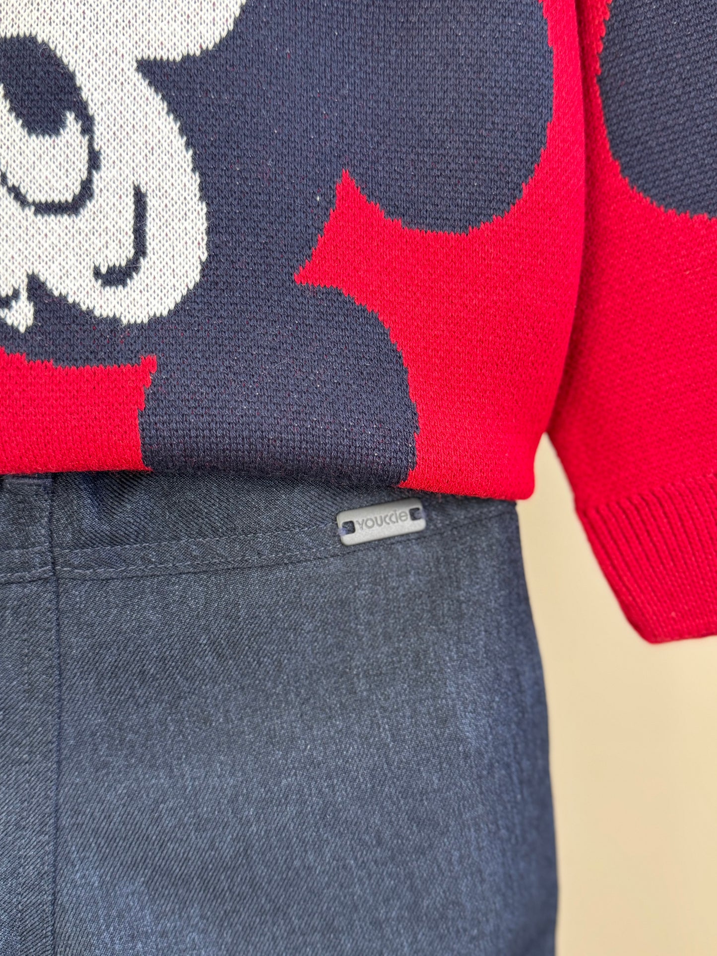 Conjunto Infantil Casaco Tricô Mickey Vermelho e Calça Jeans Leve Casual Marinho - Youccie