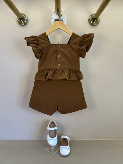 Conjunto Infantil Blusa e Shorts  Sarja Bordado Manual Marrom - Luluzinha