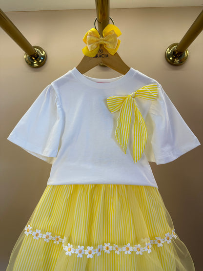 Conjunto Infantil Blusa Laço e Saia Listrada Com Aplicação de Flores - Momi