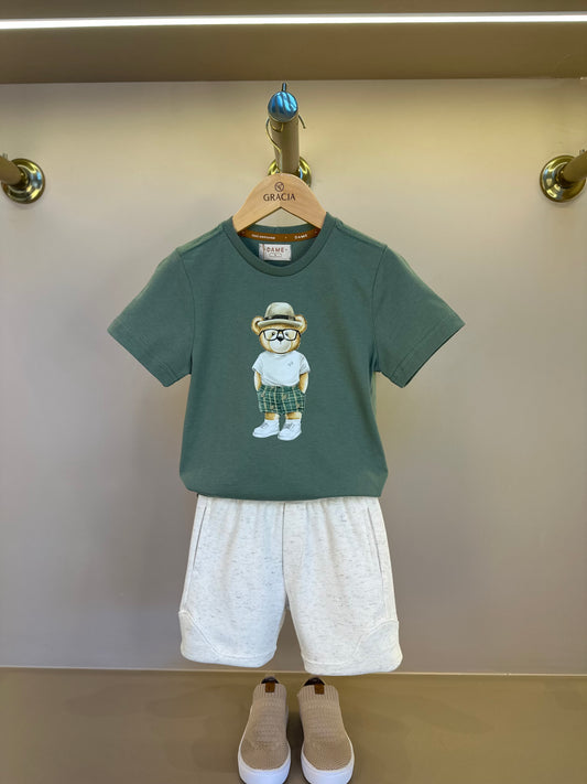 Conjunto Infantil Camiseta Algodão Teddy Chapéu Panama e Bermuda Moletom Algodão Linho - Dame