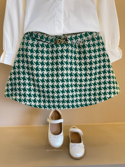 Conjunto Infantil Trio Casaco Tweed Xadrez, Camisa Gola Babados Rendas e Saia Tweed Xadrez - Animê