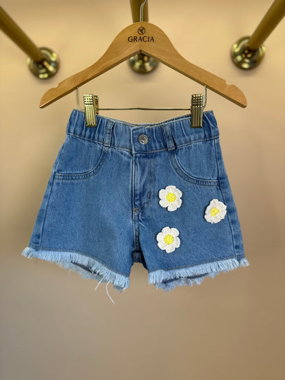 Conjunto Infantil Blusa Daisy Vestido Babadinho e Shorts Jeans Apliques Florzinhas - Momi