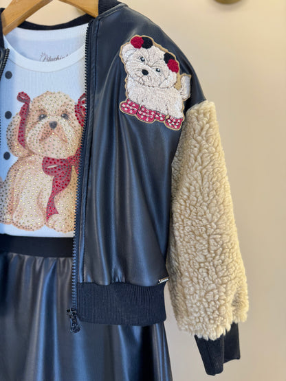 Conjunto Infantil Jaqueta Patches Couro Pele Carneirinho e Saia Evasê Couro Tech Preta - Pituchinhus