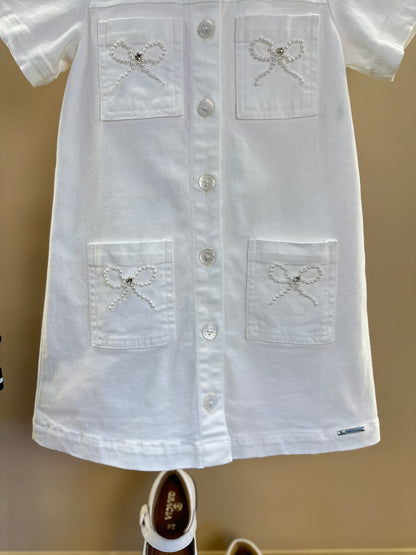 Vestido Infantil Sarja Bolsos Lacinhos Bordados Off White - Pituchinhus
