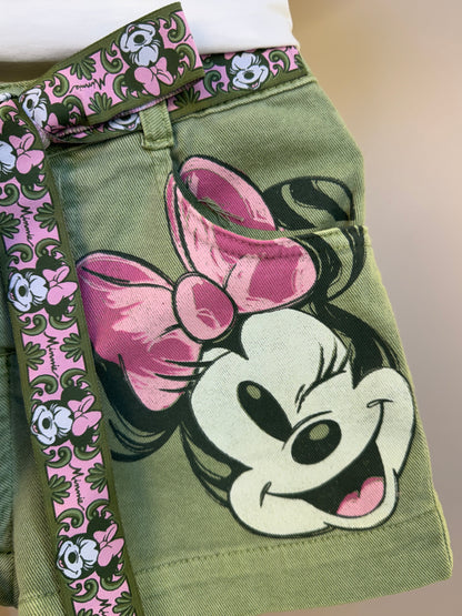Conjunto Infantil Blusa Minnie Faixa Estilizada e Shorts Minnie Mouse Verde Forest - Animê