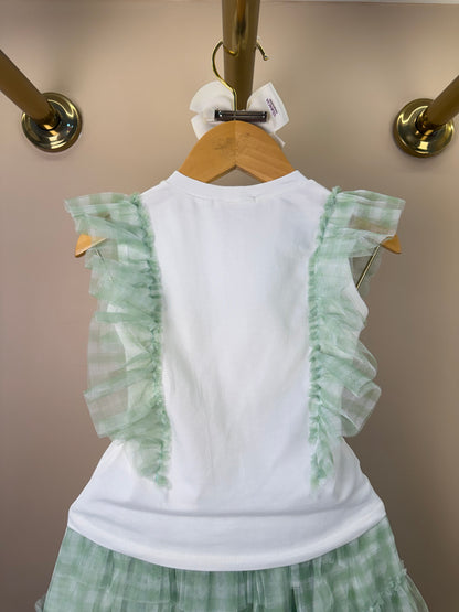 Conjunto Infantil Blusa Strass Flores e Saia Quadriculada Verde - Petit Cherie