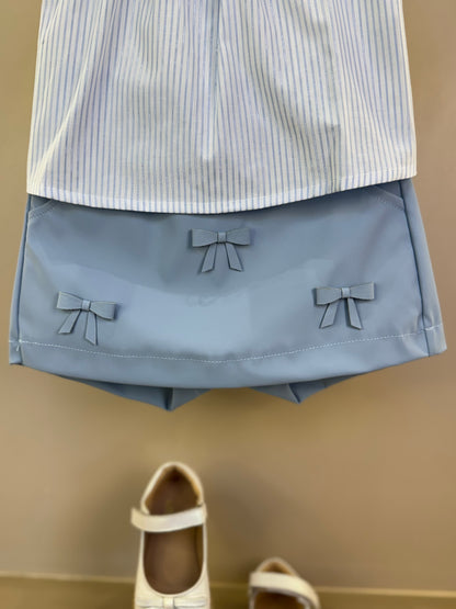 Conjunto Infantil Saia Like Leather Com Lacinhos E Blusa Listrada Azul - Gabriela Aquarela
