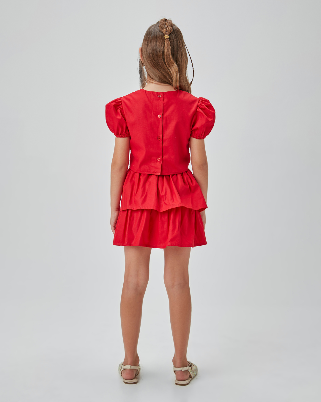 Conjunto Infantil Blusa Lacinhos e Saia-short Tricoline - Um Mais Um