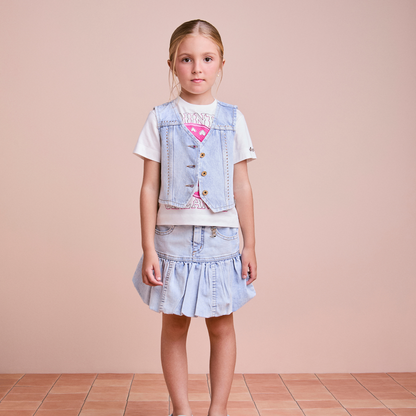 Conjunto Infantil Jeans Blusa Country, Colete Bota e Saia Balonê - Animê