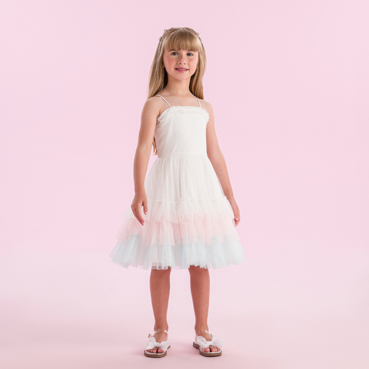 Vestido Infantil Branco Tule Degradê Cores - Petit Cherie PRÉ-VENDA