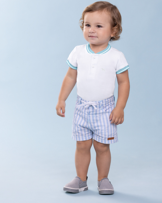 Conjunto Bebê Body Bata Golinha Azul e Bermuda Tricoline Listrada - Charpey PRÉ-VENDA