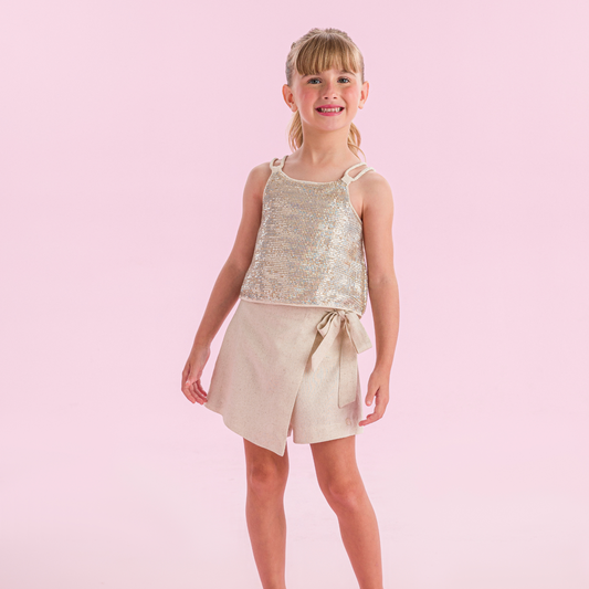 Conjunto Infantil Blusa Paetê Laços Laterais e Saia Linho - Petit Cherie PRÉ-VENDA