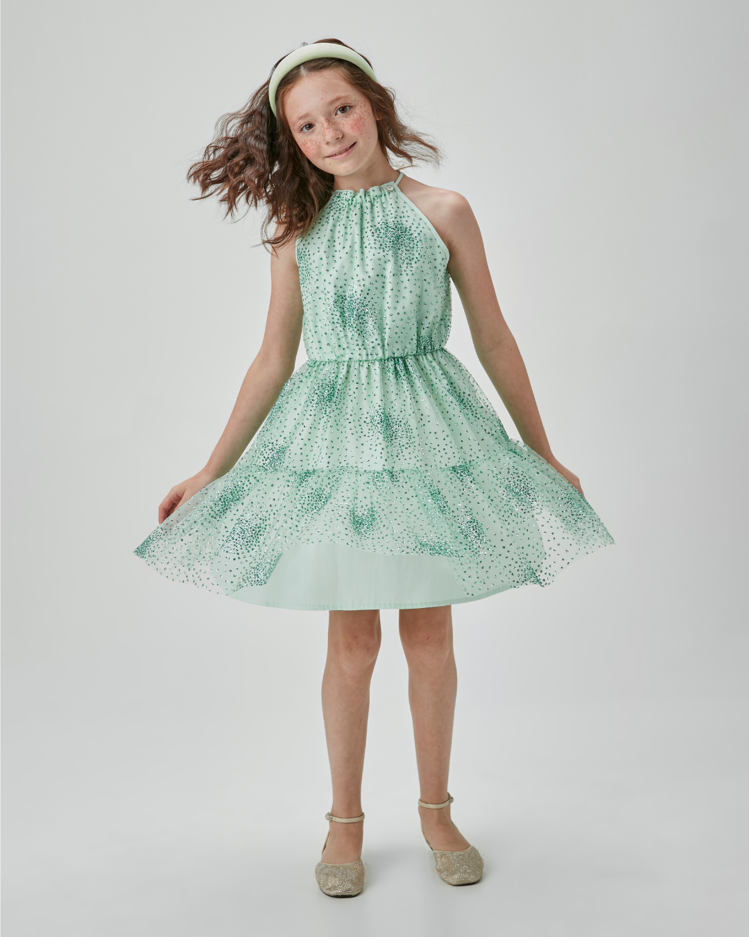 Vestido Infantil Rodado Tule Florzinhas e Glitter - Um Mais Um