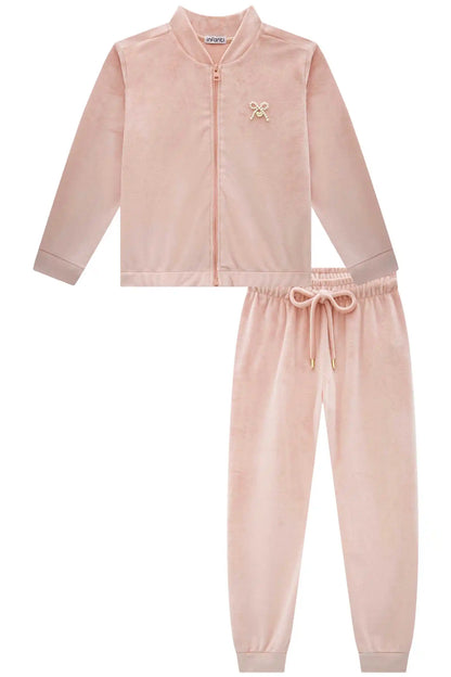Conjunto Jaqueta e Calça Jogger Veludo Elastano Rosa Claro - Infanti