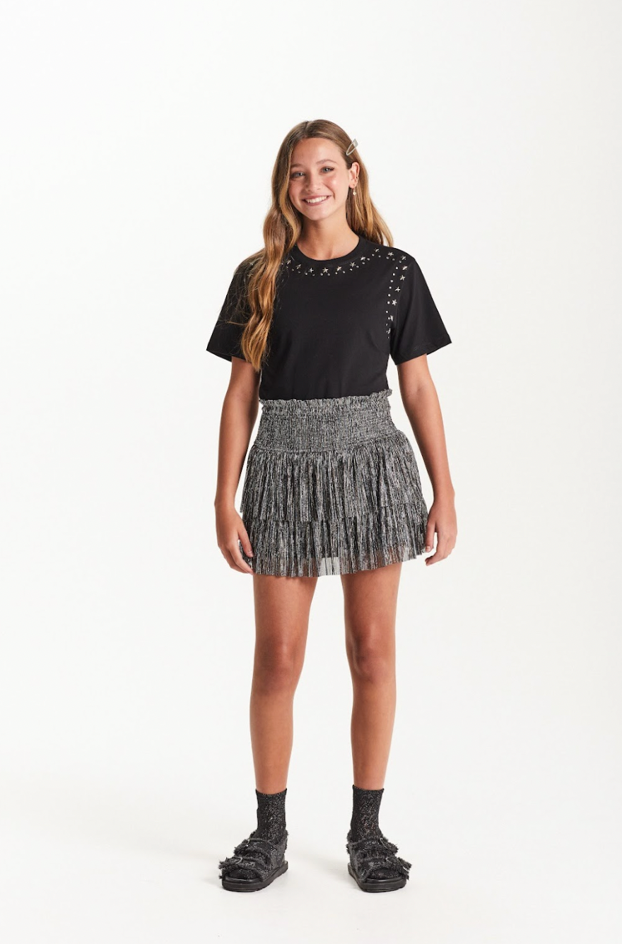 Conjunto Teen Camiseta Oversized e Saia Tule Lurex Plissada Preto - Two In
