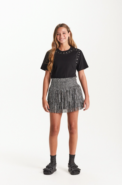Conjunto Teen Camiseta Oversized e Saia Tule Lurex Plissada Preto - Two In