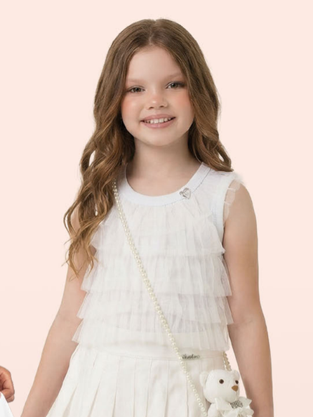 Conjunto Infantil Regata Canelada com Babados em Tule Shorts Balonê Algodão Rosa Claro - Luluzinha