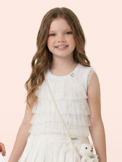 Conjunto Infantil Regata Canelada com Babados em Tule Shorts Balonê Algodão Rosa Claro - Luluzinha