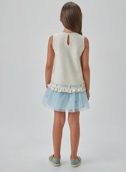 Vestido Infantil Jumper Tweed de Algodão Laço e Babado Azul - Beabá