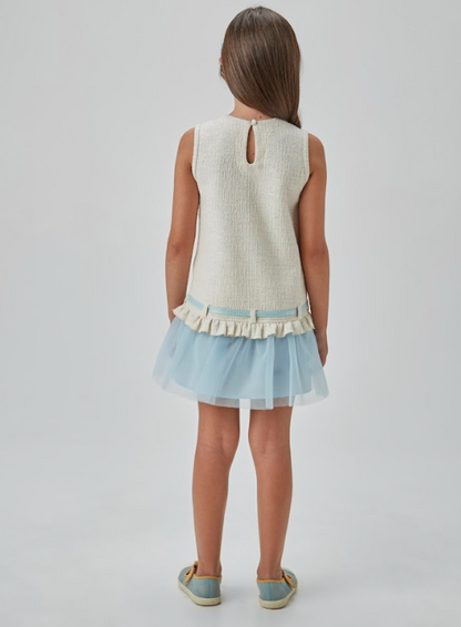 Vestido Infantil Jumper Tweed de Algodão Laço e Babado Azul - Beabá