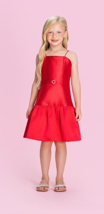 Vestido Infantil Acetinado Saia Babado Vermelho - Petit Cherie