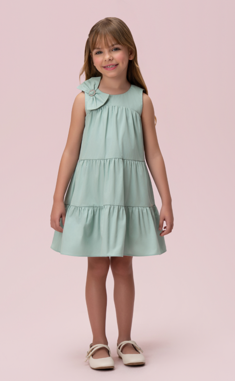 Vestido Infantil Algodão Camadas Laço Strass Ombro Verde - Petit Cherie