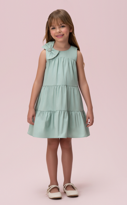 Vestido Infantil Algodão Camadas Laço Strass Ombro Verde - Petit Cherie