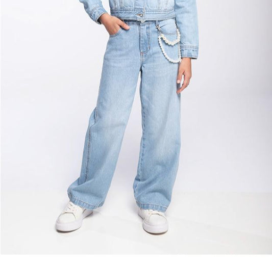 Calça Infantil Wide Leg Jeans Pingente Pérolas - Luluzinha