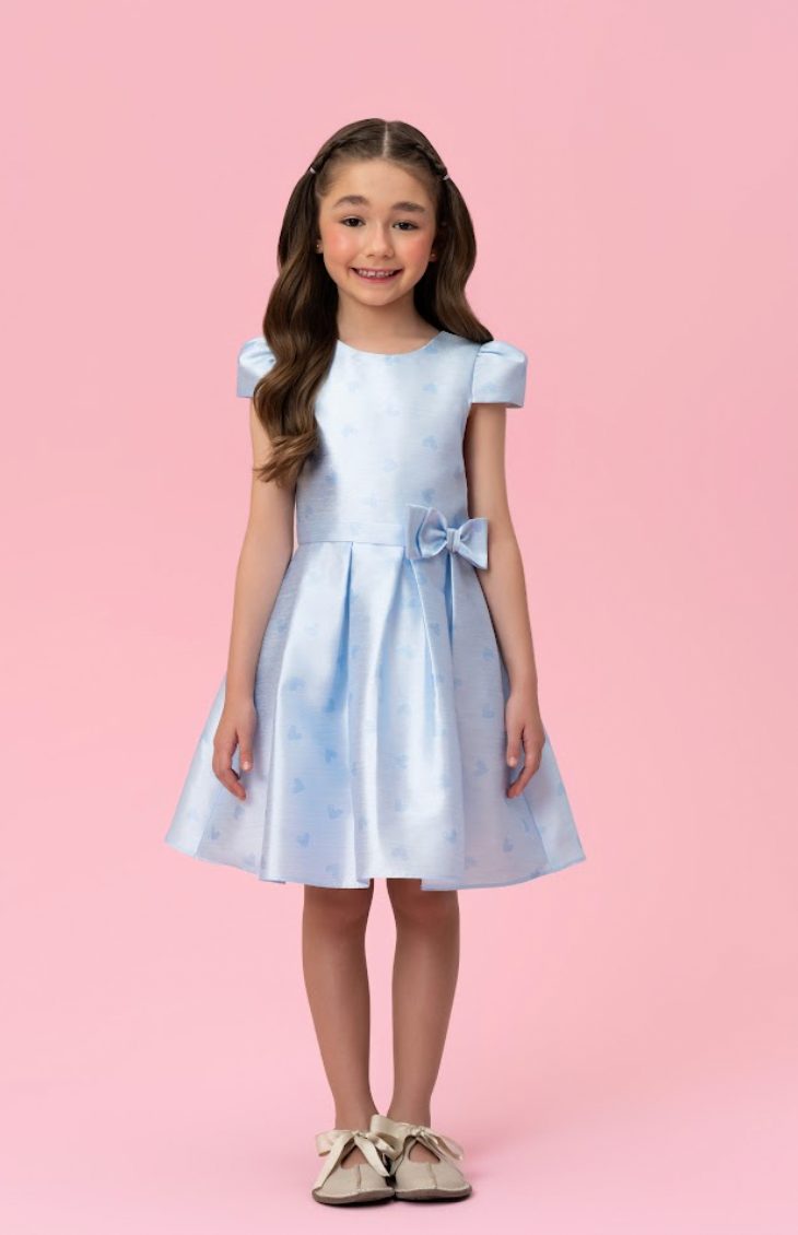 Vestido Infantil Festa Azul Corações Laço Cintura - Mon Sucré