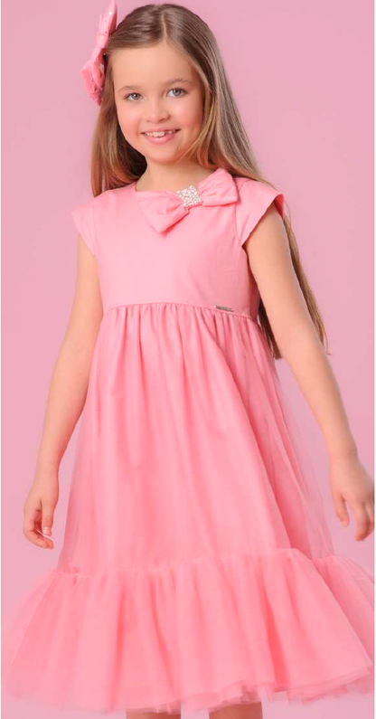 Vestido Infantil Tule Laço Puffer Bordado - Pituchinhus