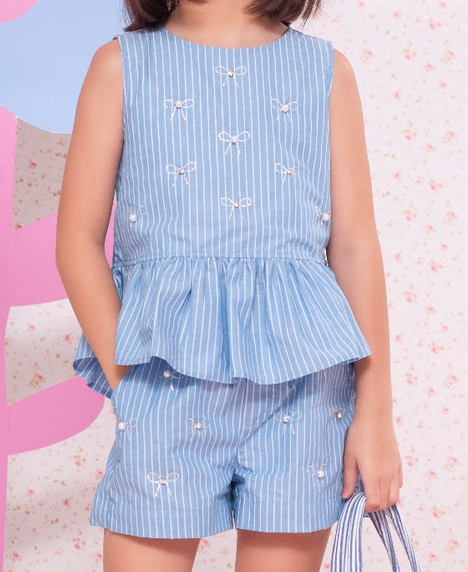 Conjunto Infantil Regata Short Algodão Azul Listrado com Lacinhos  - Pituchinhus