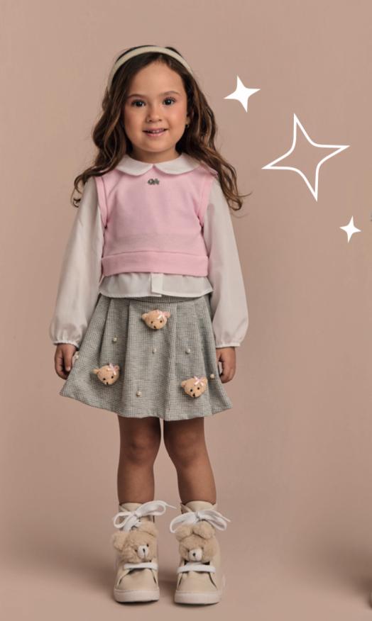Conjunto Infantil Saia Short Pouple Ursinhos E Blusa Tricot Rosa - Gabriela Aquarela