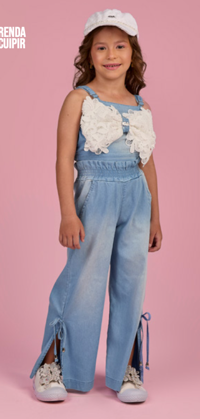 Conjunto Infantil Cropped Maxi Laço Renda e Calça Wide Jeans - Gabriela Aquarela