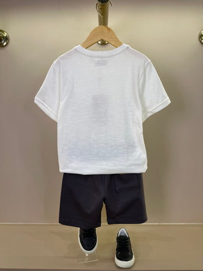 Conjunto Infantil Camiseta Teddy Cachorros Off e Bermuda Suedine Algodão Bolsos Grafite - Dame