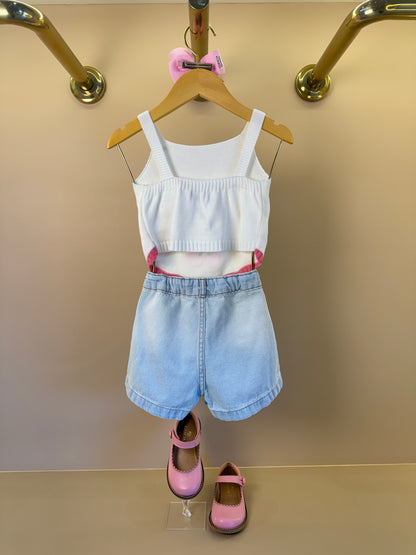 Conjunto Infantil Blusa Infantil Tricot Cerejas e  Shorts Jeans Com Pingente - Momi