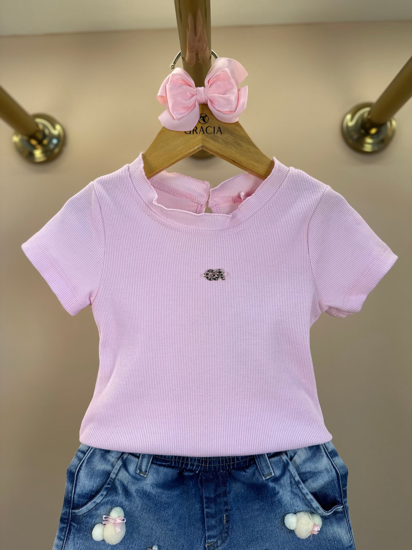 Conjunto Infantil Blusa Rosa e Shorts Jeans Ursinhos  Pompom  - Gabriela Aquarela
