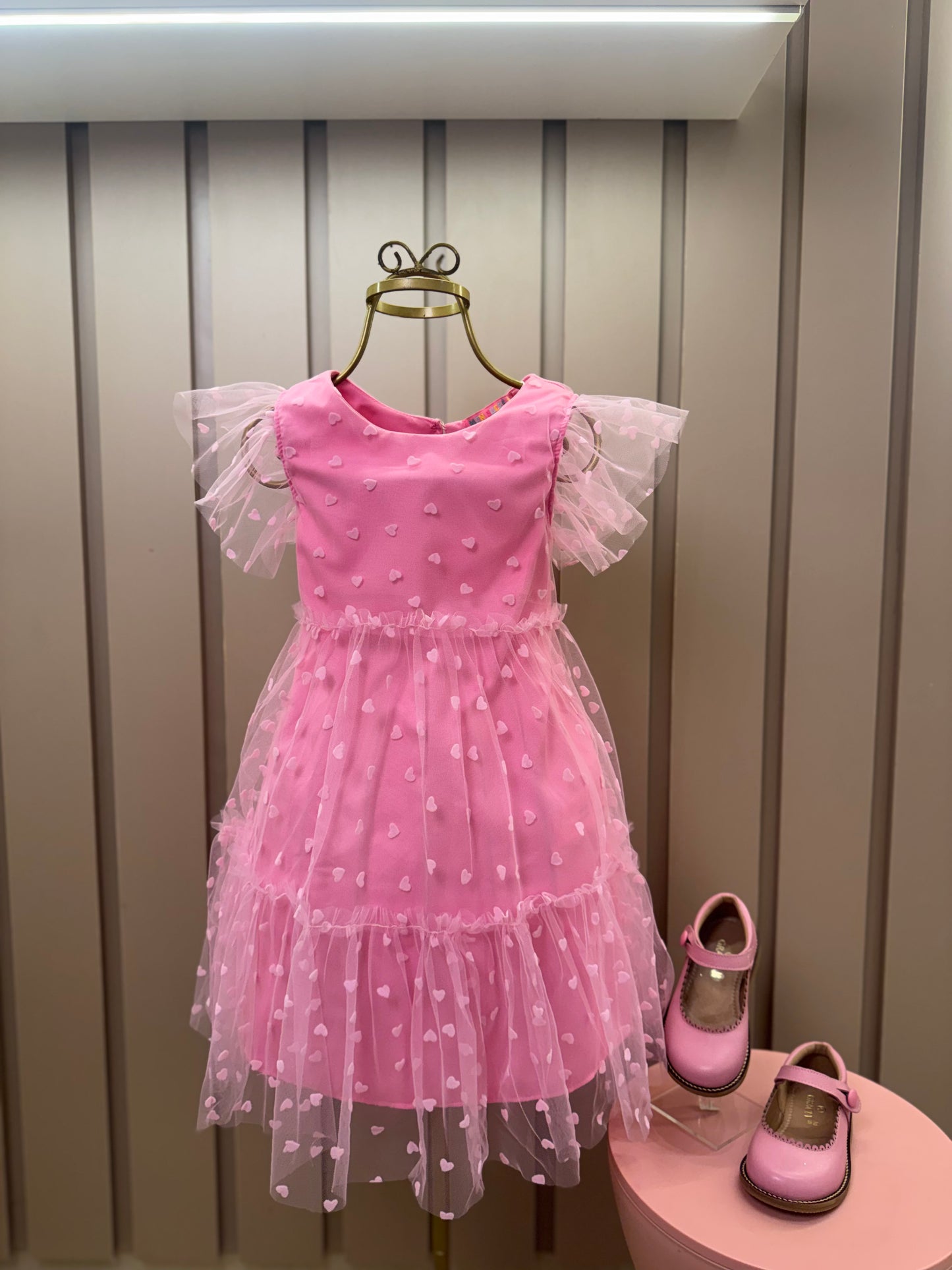Vestido Infantil Trapézio Tule Corações Rosa Balé - Mon Sucré