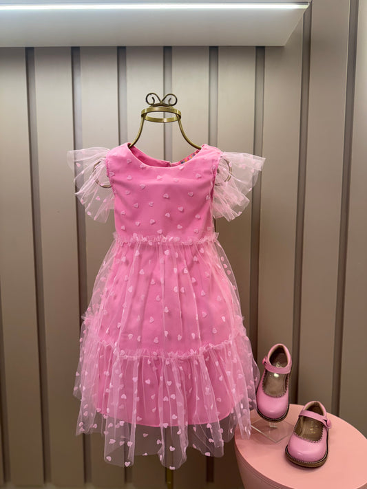 Vestido Infantil Trapézio Tule Corações Rosa Balé - Mon Sucré