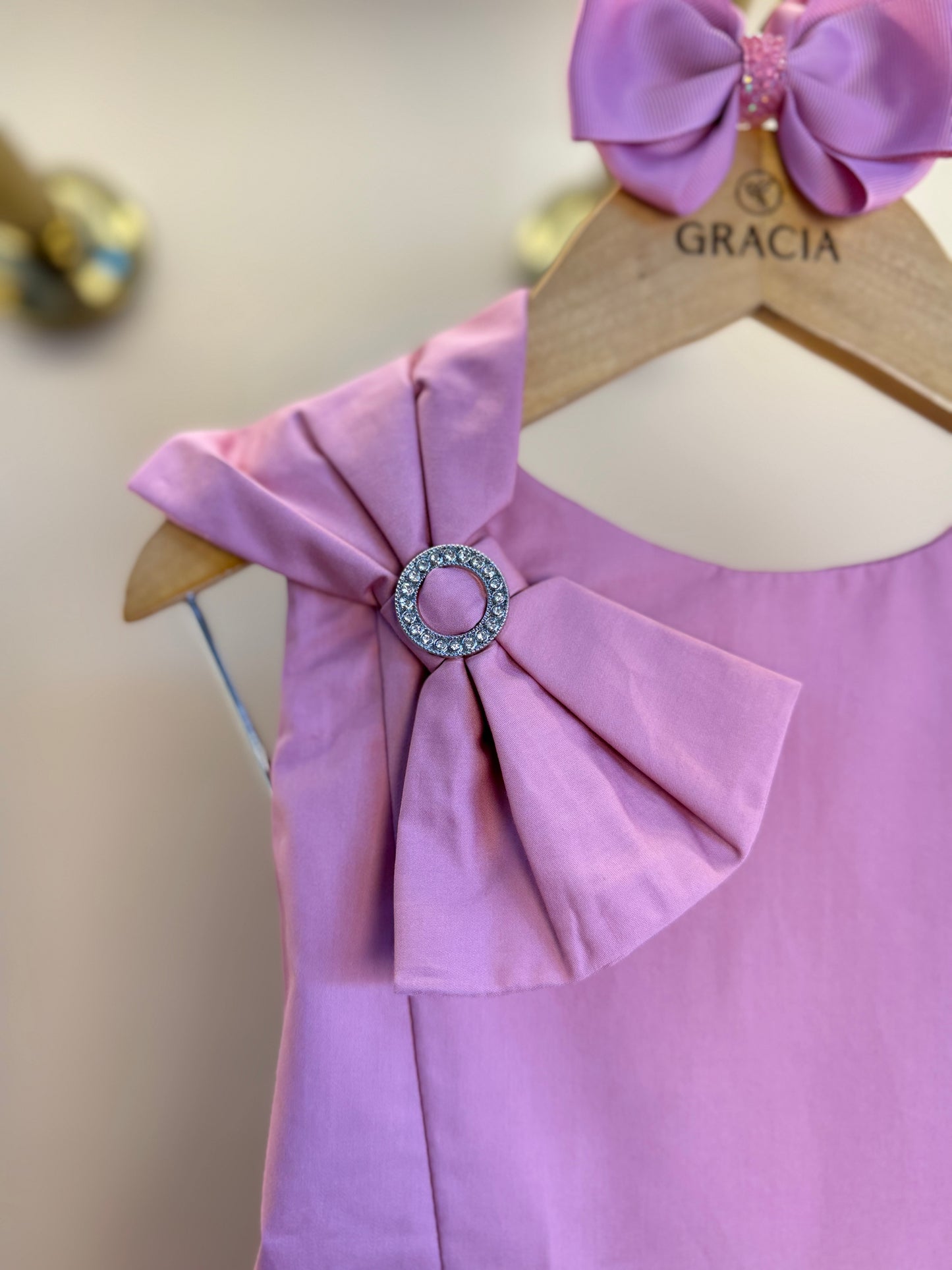 Vestido Infantil Algodão Laço Strass Ombro Rosé - Petit Cherie