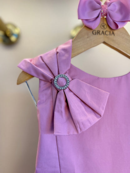 Vestido Infantil Algodão Laço Strass Ombro Rosé - Petit Cherie