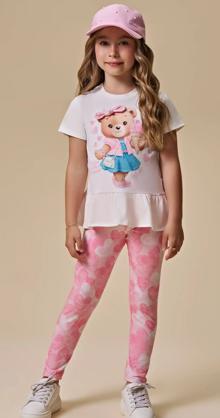 Conjunto Infantil Blusa Ursinha Com Laço e Calça Legging Corações - Infanti