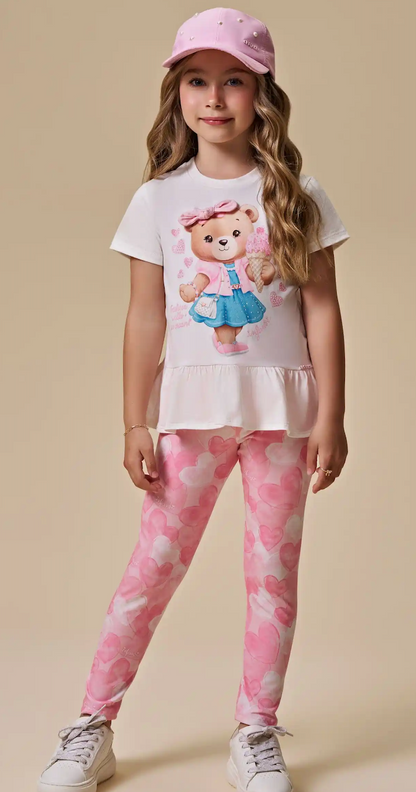 Conjunto Infantil Blusa Ursinha Com Laço e Calça Legging Corações - Infanti