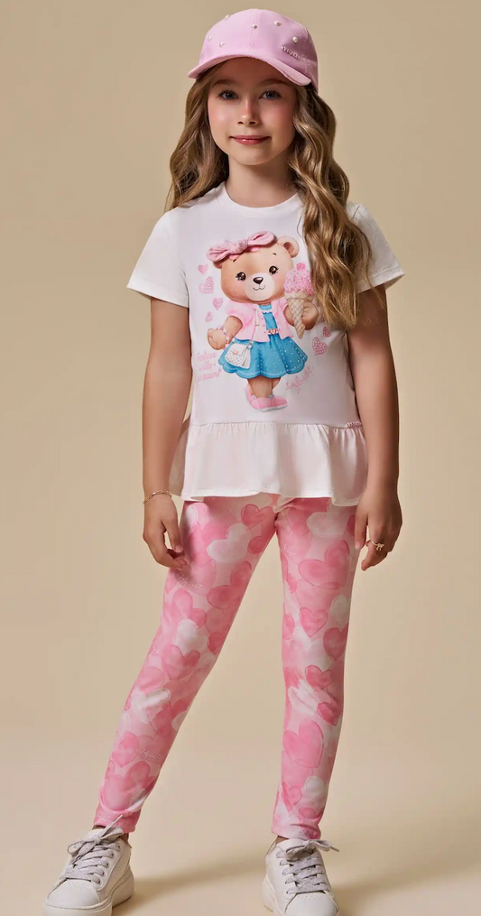 Conjunto Infantil Blusa Ursinha Com Laço e Calça Legging Corações - Infanti